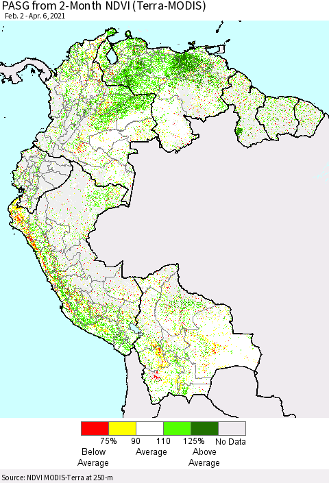 Northern South America PASG from 2-Month NDVI (Terra-MODIS) Thematic Map For 3/30/2021 - 4/6/2021