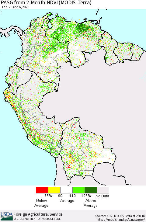 Northern South America PASG from 2-Month NDVI (Terra-MODIS) Thematic Map For 4/1/2021 - 4/10/2021