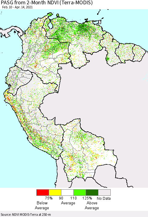 Northern South America PASG from 2-Month NDVI (Terra-MODIS) Thematic Map For 4/7/2021 - 4/14/2021