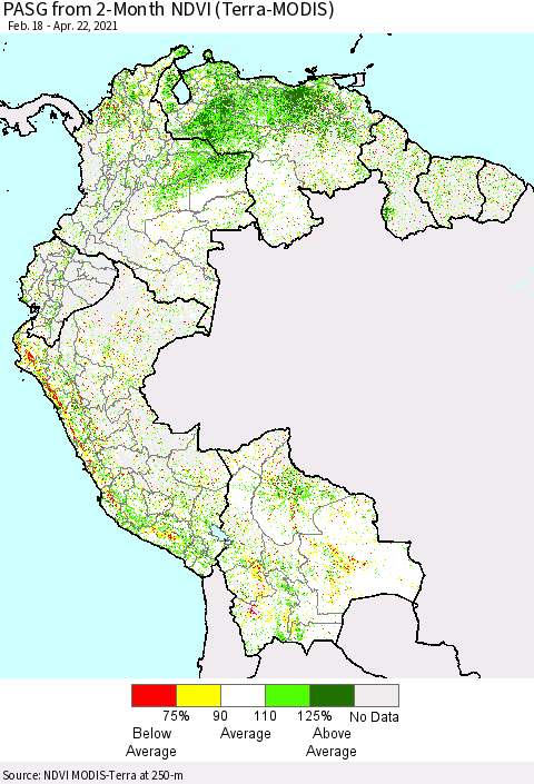 Northern South America PASG from 2-Month NDVI (Terra-MODIS) Thematic Map For 4/15/2021 - 4/22/2021
