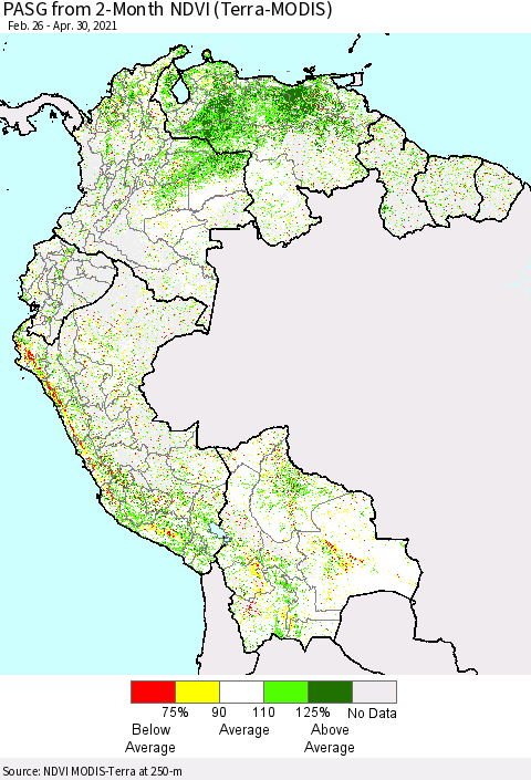 Northern South America PASG from 2-Month NDVI (MODIS-Terra) Thematic Map For 4/21/2021 - 4/30/2021