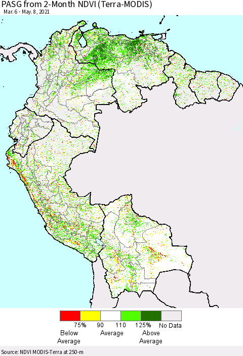 Northern South America PASG from 2-Month NDVI (Terra-MODIS) Thematic Map For 5/1/2021 - 5/8/2021