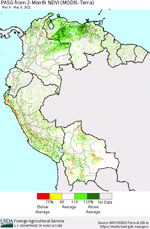 Northern South America PASG from 2-Month NDVI (Terra-MODIS) Thematic Map For 5/1/2021 - 5/10/2021