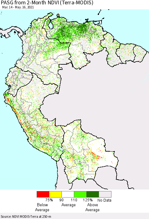 Northern South America PASG from 2-Month NDVI (Terra-MODIS) Thematic Map For 5/9/2021 - 5/16/2021