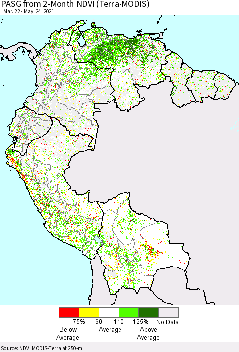 Northern South America PASG from 2-Month NDVI (Terra-MODIS) Thematic Map For 5/17/2021 - 5/24/2021