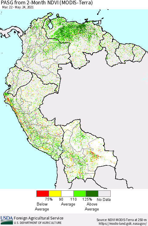 Northern South America PASG from 2-Month NDVI (Terra-MODIS) Thematic Map For 5/21/2021 - 5/31/2021