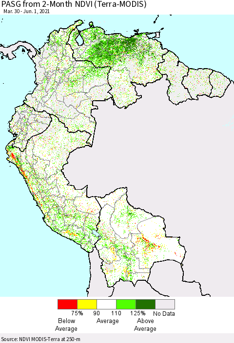 Northern South America PASG from 2-Month NDVI (Terra-MODIS) Thematic Map For 5/25/2021 - 6/1/2021