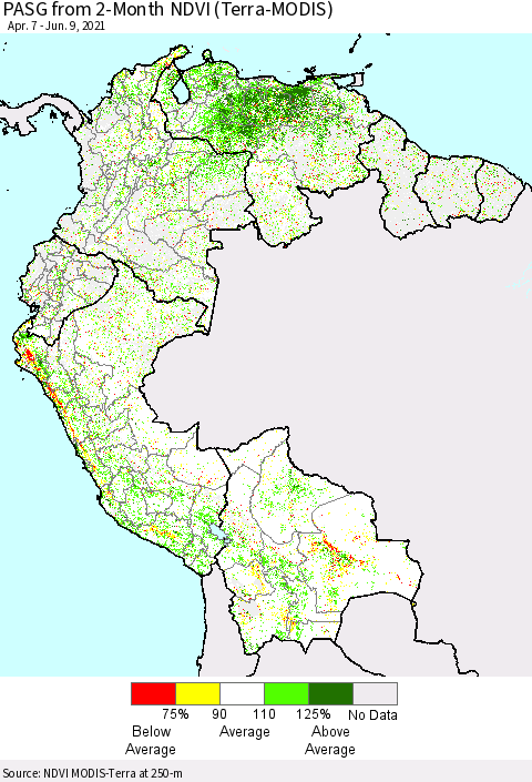 Northern South America PASG from 2-Month NDVI (Terra-MODIS) Thematic Map For 6/2/2021 - 6/9/2021