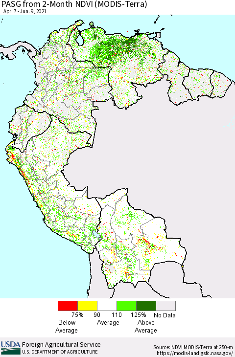 Northern South America PASG from 2-Month NDVI (Terra-MODIS) Thematic Map For 6/1/2021 - 6/10/2021