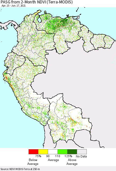 Northern South America PASG from 2-Month NDVI (Terra-MODIS) Thematic Map For 6/10/2021 - 6/17/2021