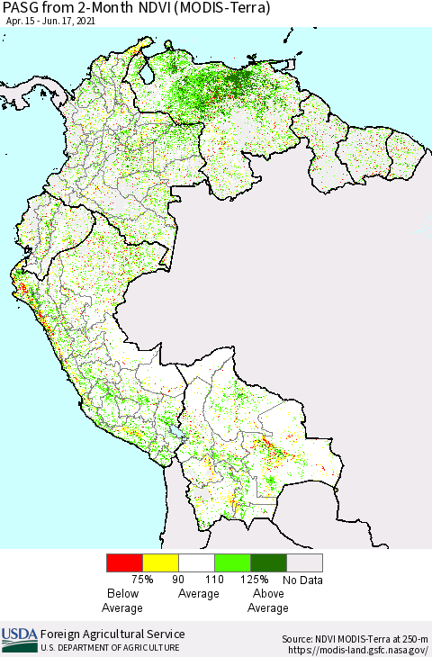 Northern South America PASG from 2-Month NDVI (Terra-MODIS) Thematic Map For 6/11/2021 - 6/20/2021