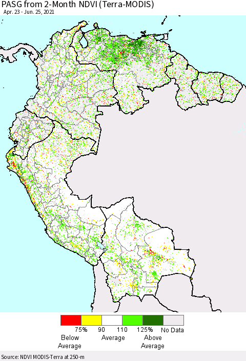 Northern South America PASG from 2-Month NDVI (Terra-MODIS) Thematic Map For 6/18/2021 - 6/25/2021