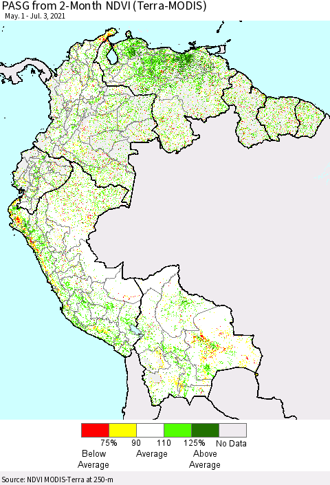 Northern South America PASG from 2-Month NDVI (Terra-MODIS) Thematic Map For 6/26/2021 - 7/3/2021