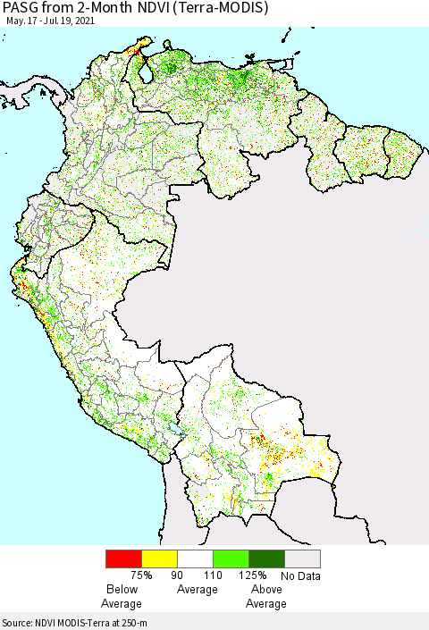 Northern South America PASG from 2-Month NDVI (Terra-MODIS) Thematic Map For 7/12/2021 - 7/19/2021