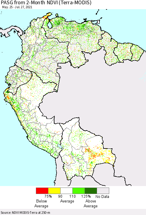 Northern South America PASG from 2-Month NDVI (Terra-MODIS) Thematic Map For 7/20/2021 - 7/27/2021
