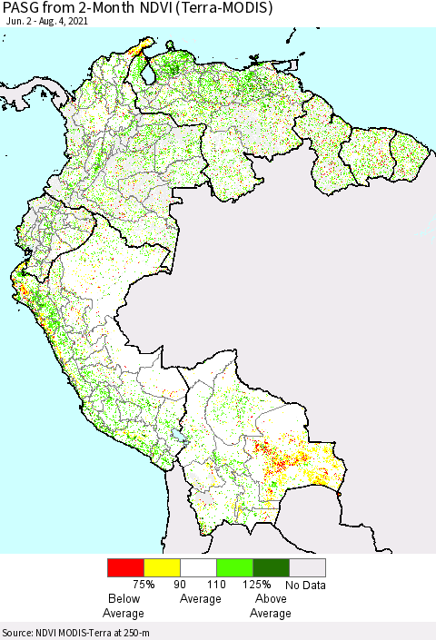 Northern South America PASG from 2-Month NDVI (Terra-MODIS) Thematic Map For 7/28/2021 - 8/4/2021