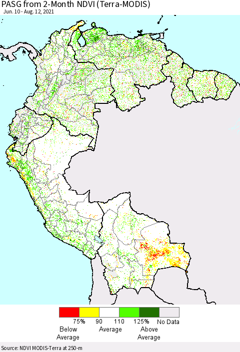 Northern South America PASG from 2-Month NDVI (Terra-MODIS) Thematic Map For 8/5/2021 - 8/12/2021