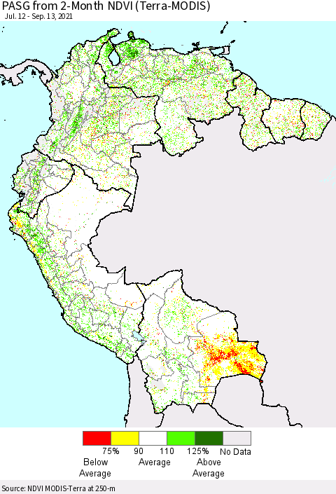 Northern South America PASG from 2-Month NDVI (Terra-MODIS) Thematic Map For 9/6/2021 - 9/13/2021