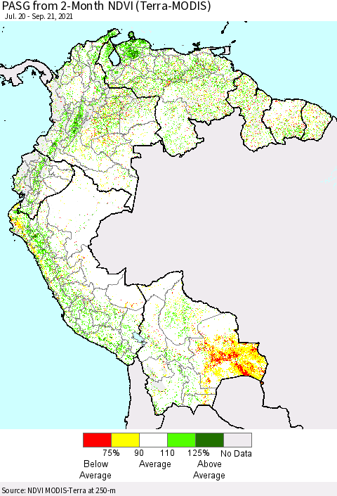 Northern South America PASG from 2-Month NDVI (Terra-MODIS) Thematic Map For 9/14/2021 - 9/21/2021