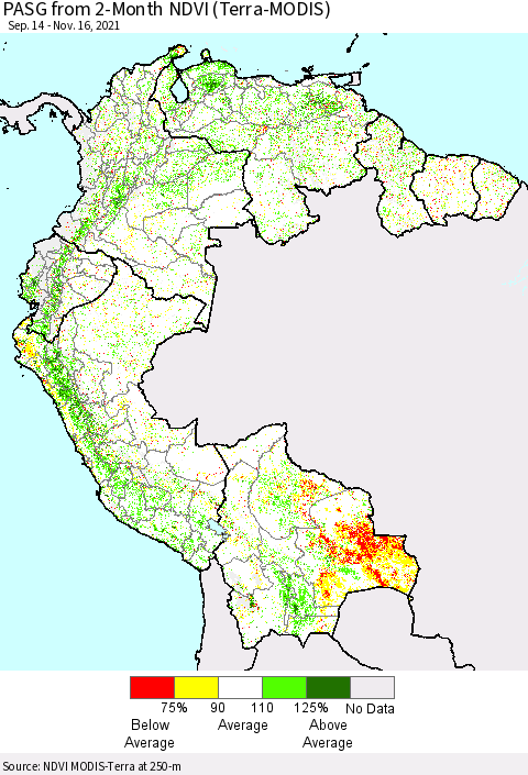 Northern South America PASG from 2-Month NDVI (Terra-MODIS) Thematic Map For 11/9/2021 - 11/16/2021