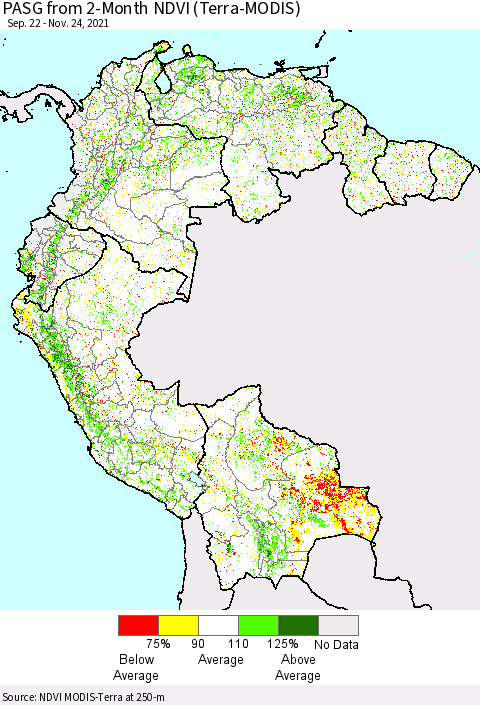 Northern South America PASG from 2-Month NDVI (Terra-MODIS) Thematic Map For 11/17/2021 - 11/24/2021
