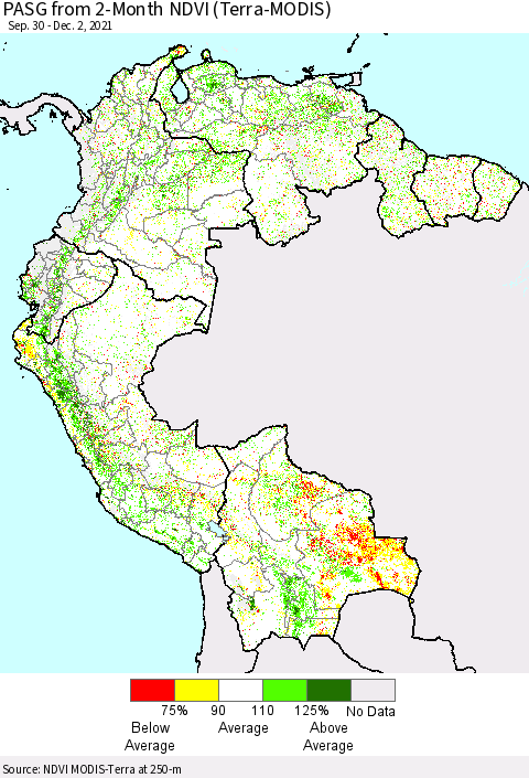 Northern South America PASG from 2-Month NDVI (Terra-MODIS) Thematic Map For 11/25/2021 - 12/2/2021