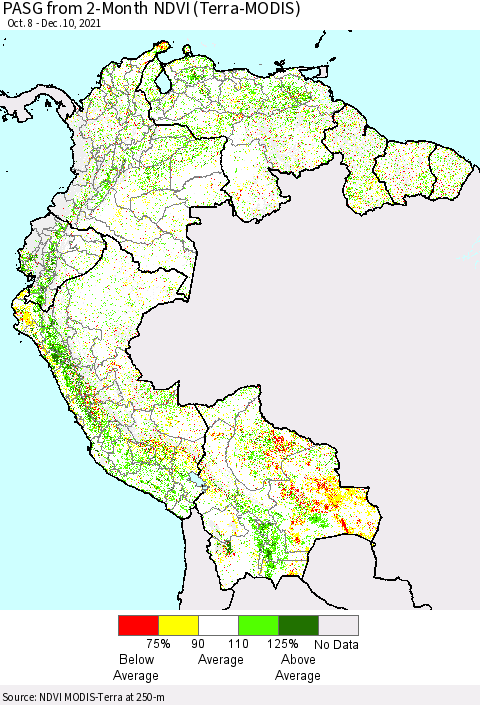 Northern South America PASG from 2-Month NDVI (Terra-MODIS) Thematic Map For 12/1/2021 - 12/10/2021