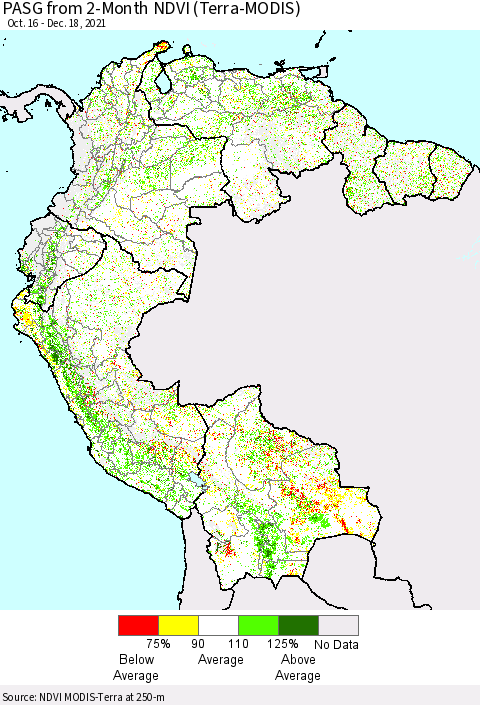 Northern South America PASG from 2-Month NDVI (Terra-MODIS) Thematic Map For 12/11/2021 - 12/18/2021