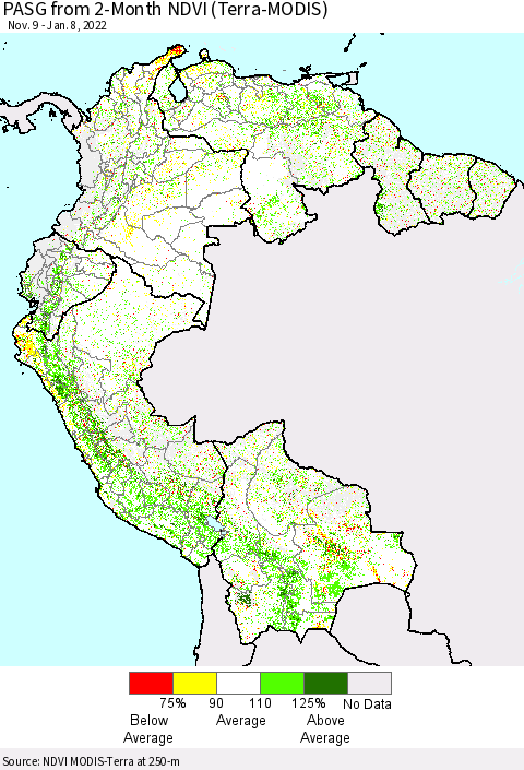 Northern South America PASG from 2-Month NDVI (Terra-MODIS) Thematic Map For 1/1/2022 - 1/8/2022