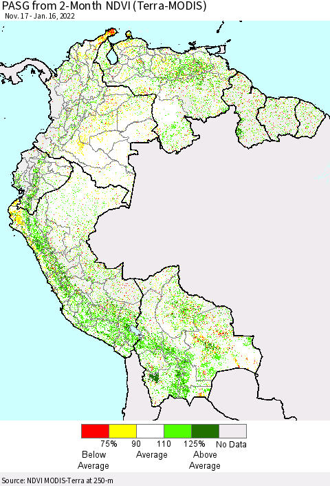 Northern South America PASG from 2-Month NDVI (Terra-MODIS) Thematic Map For 1/9/2022 - 1/16/2022