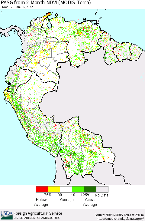 Northern South America PASG from 2-Month NDVI (Terra-MODIS) Thematic Map For 1/11/2022 - 1/20/2022