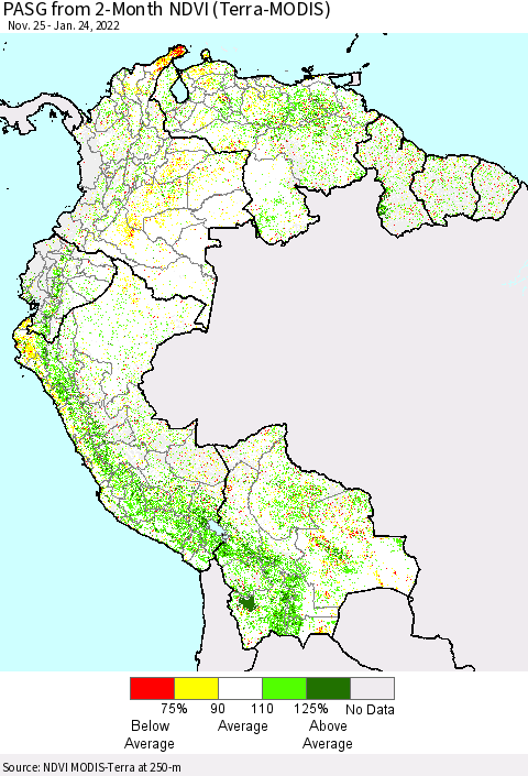 Northern South America PASG from 2-Month NDVI (Terra-MODIS) Thematic Map For 1/17/2022 - 1/24/2022