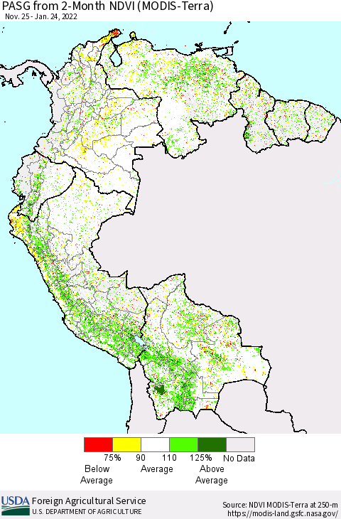 Northern South America PASG from 2-Month NDVI (Terra-MODIS) Thematic Map For 1/21/2022 - 1/31/2022