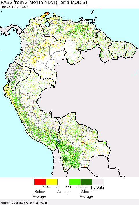 Northern South America PASG from 2-Month NDVI (Terra-MODIS) Thematic Map For 1/25/2022 - 2/1/2022