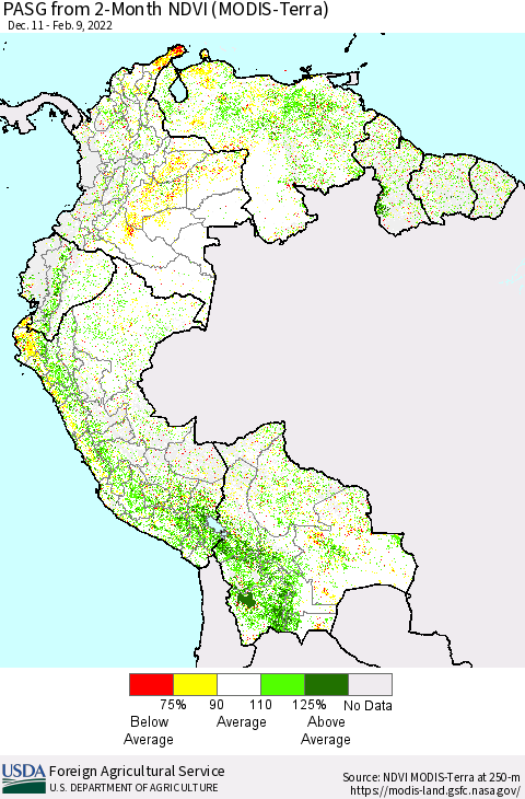 Northern South America PASG from 2-Month NDVI (Terra-MODIS) Thematic Map For 2/1/2022 - 2/10/2022
