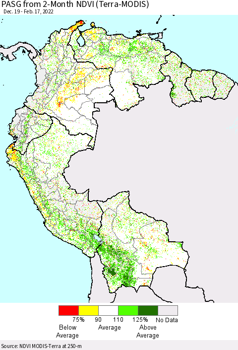 Northern South America PASG from 2-Month NDVI (Terra-MODIS) Thematic Map For 2/10/2022 - 2/17/2022