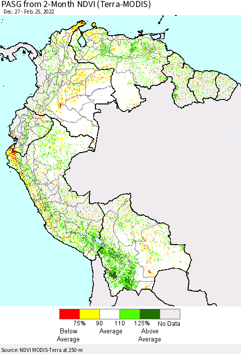 Northern South America PASG from 2-Month NDVI (Terra-MODIS) Thematic Map For 2/18/2022 - 2/25/2022