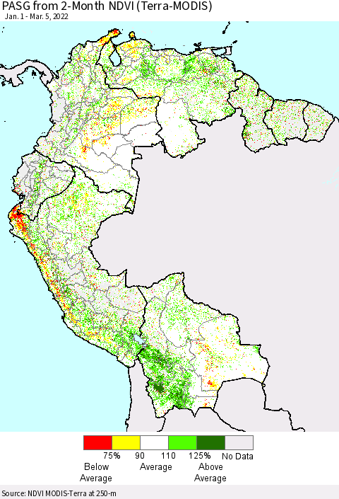Northern South America PASG from 2-Month NDVI (Terra-MODIS) Thematic Map For 2/26/2022 - 3/5/2022