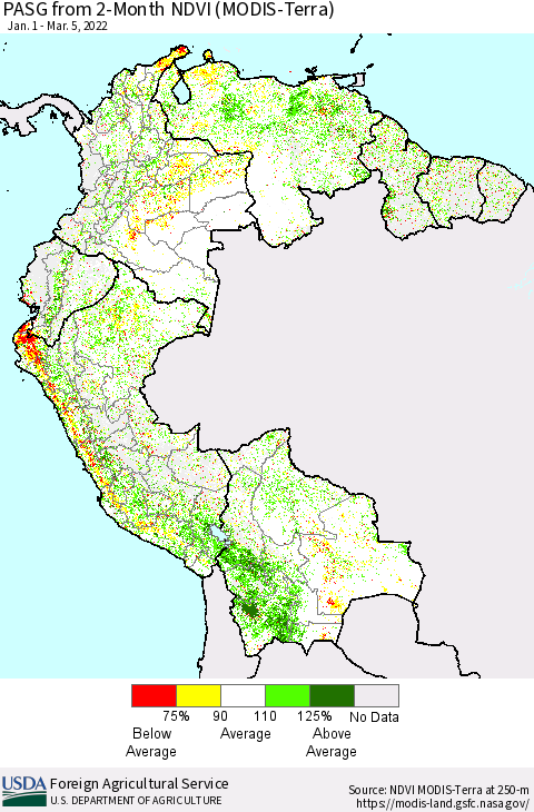 Northern South America PASG from 2-Month NDVI (Terra-MODIS) Thematic Map For 3/1/2022 - 3/10/2022