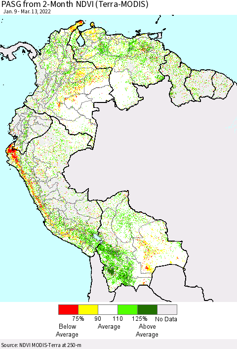 Northern South America PASG from 2-Month NDVI (Terra-MODIS) Thematic Map For 3/6/2022 - 3/13/2022