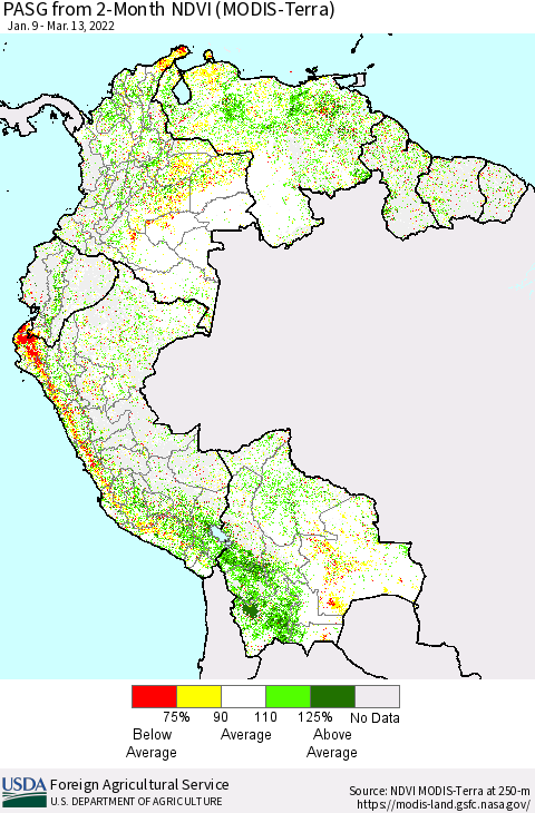 Northern South America PASG from 2-Month NDVI (Terra-MODIS) Thematic Map For 3/11/2022 - 3/20/2022