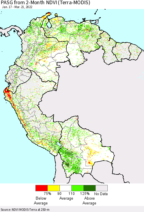 Northern South America PASG from 2-Month NDVI (Terra-MODIS) Thematic Map For 3/14/2022 - 3/21/2022