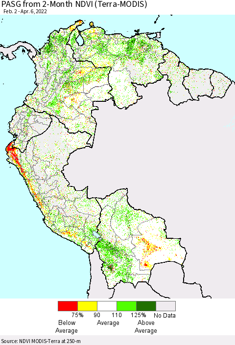 Northern South America PASG from 2-Month NDVI (Terra-MODIS) Thematic Map For 3/30/2022 - 4/6/2022