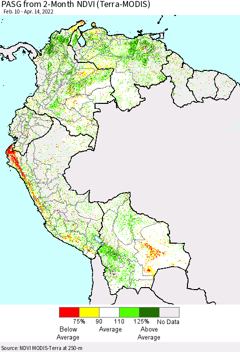 Northern South America PASG from 2-Month NDVI (Terra-MODIS) Thematic Map For 4/7/2022 - 4/14/2022
