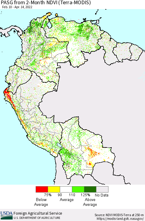 Northern South America PASG from 2-Month NDVI (Terra-MODIS) Thematic Map For 4/11/2022 - 4/20/2022