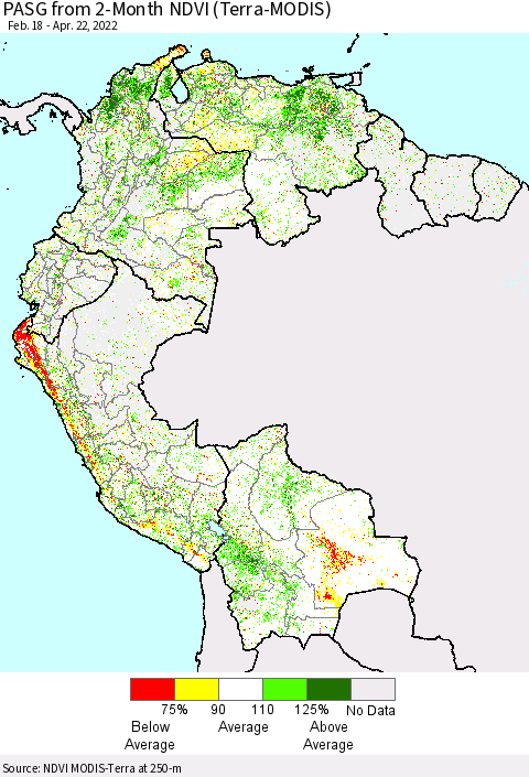 Northern South America PASG from 2-Month NDVI (Terra-MODIS) Thematic Map For 4/15/2022 - 4/22/2022