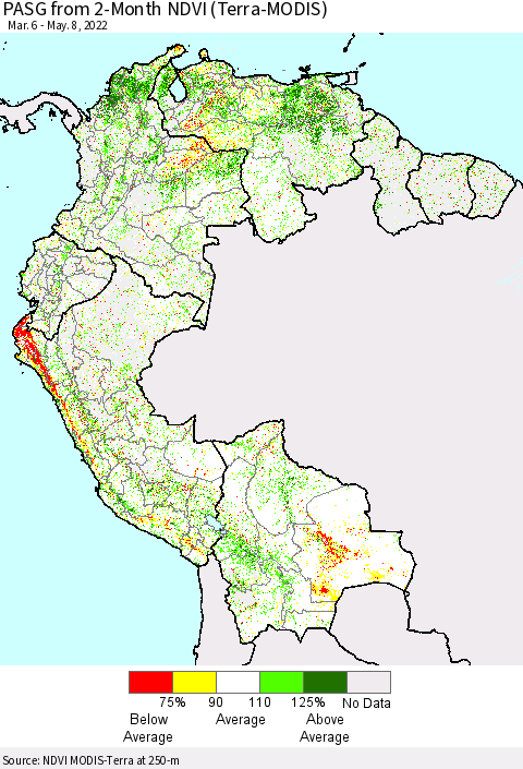 Northern South America PASG from 2-Month NDVI (Terra-MODIS) Thematic Map For 5/1/2022 - 5/8/2022