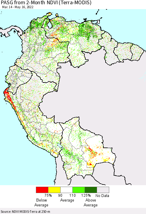Northern South America PASG from 2-Month NDVI (Terra-MODIS) Thematic Map For 5/9/2022 - 5/16/2022
