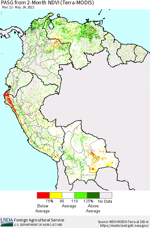 Northern South America PASG from 2-Month NDVI (Terra-MODIS) Thematic Map For 5/21/2022 - 5/31/2022