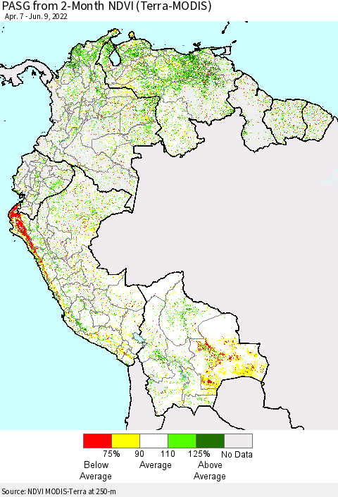 Northern South America PASG from 2-Month NDVI (Terra-MODIS) Thematic Map For 6/2/2022 - 6/9/2022